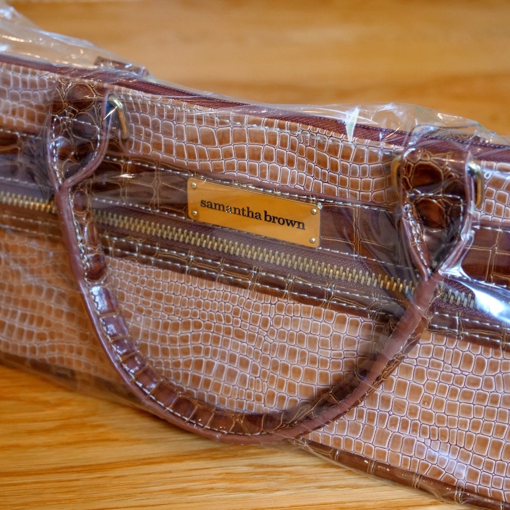 Samantha Brown Wine Bottle Purse, Caramel Crocodile with Gold Hardware